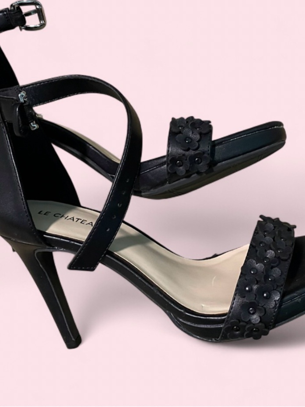 le chateau Black Floral Embellished Strappy High Heels